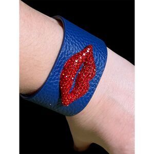 Rhinestone Kiss Red Lip Leather Cuff Bracelet Adjustable Snap Closure